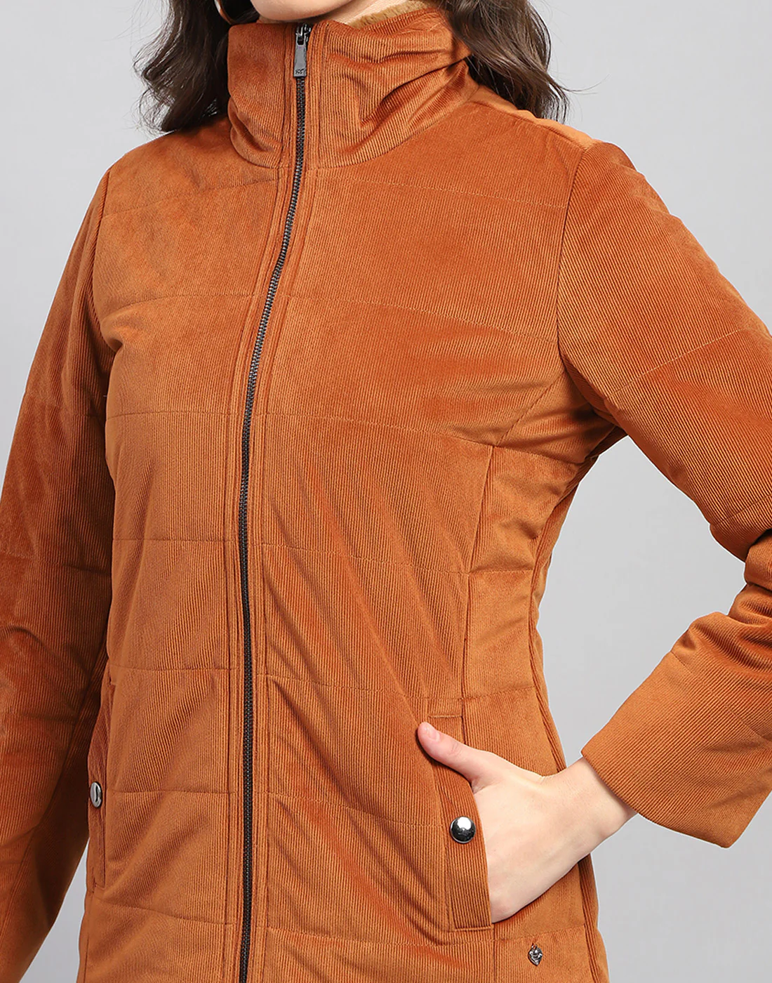 Women Rust Solid High Neck Full Sleeve Jacket - Image 7