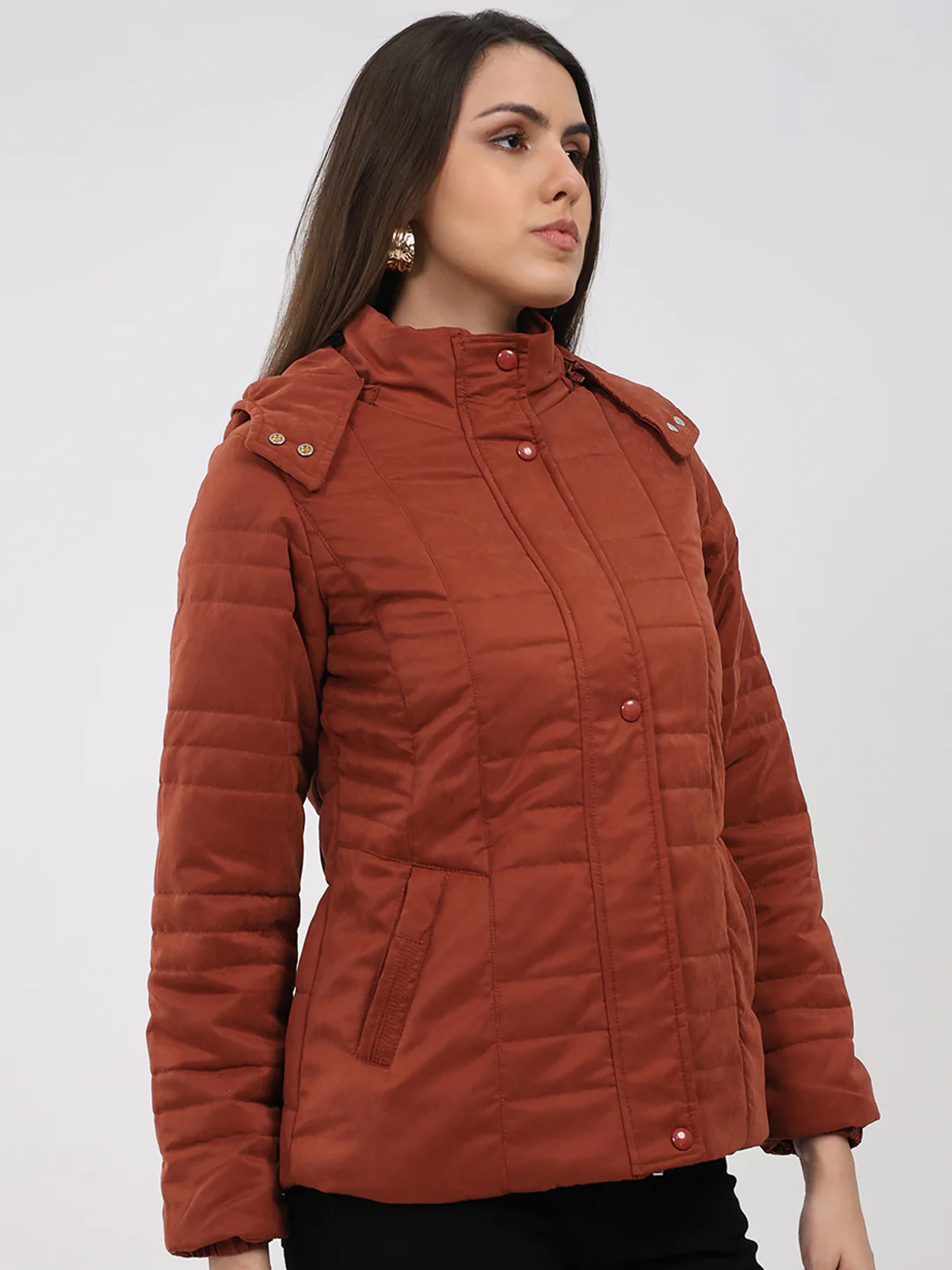 Women Rust Solid Hooded Full Sleeve Jacket - Image 4