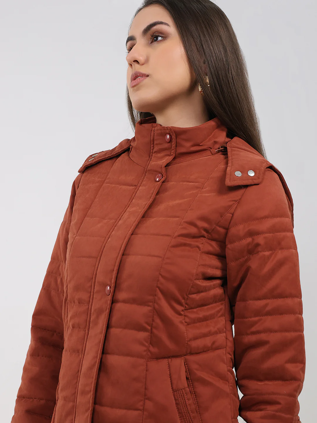 Women Rust Solid Hooded Full Sleeve Jacket - Image 7