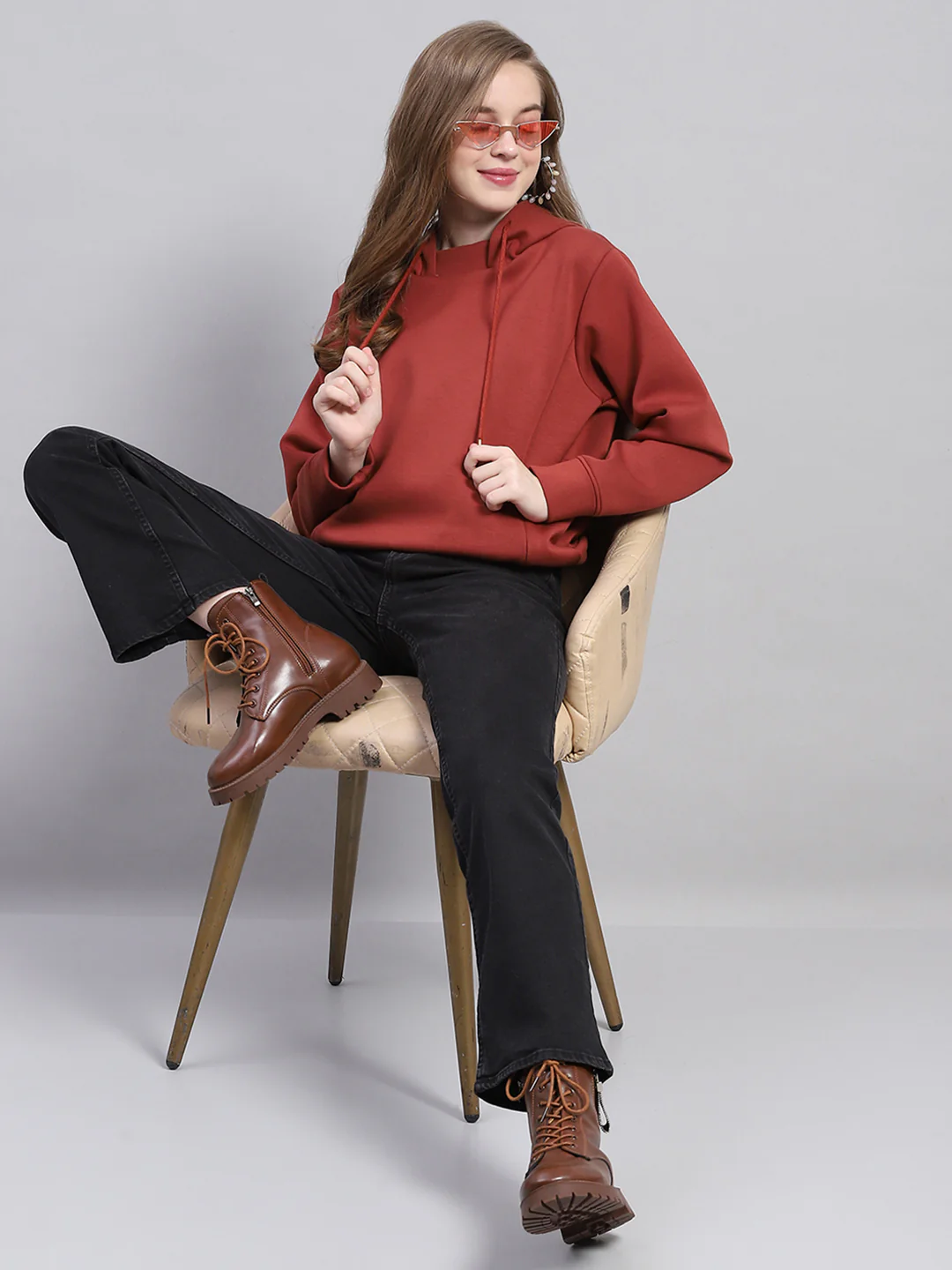 Women Rust Solid Hooded Full Sleeve Sweatshirt - Image 2