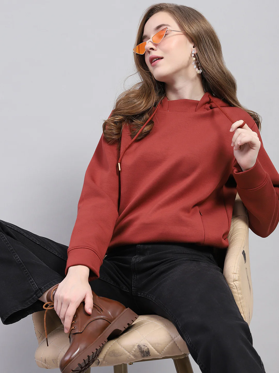 Women Rust Solid Hooded Full Sleeve Sweatshirt - Image 6
