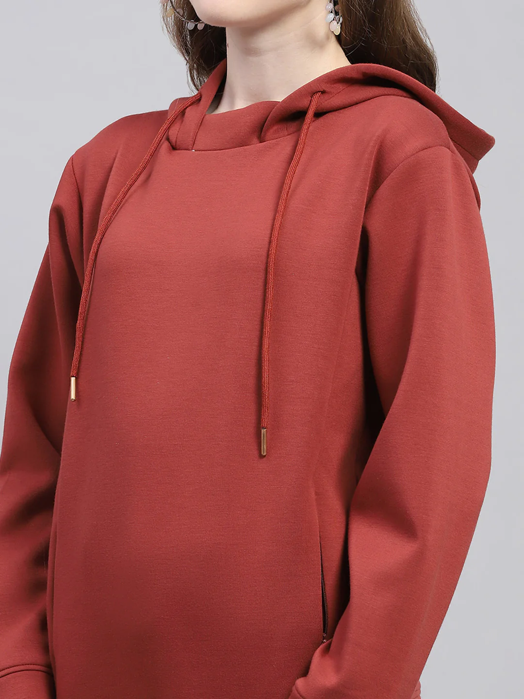 Women Rust Solid Hooded Full Sleeve Sweatshirt - Image 7