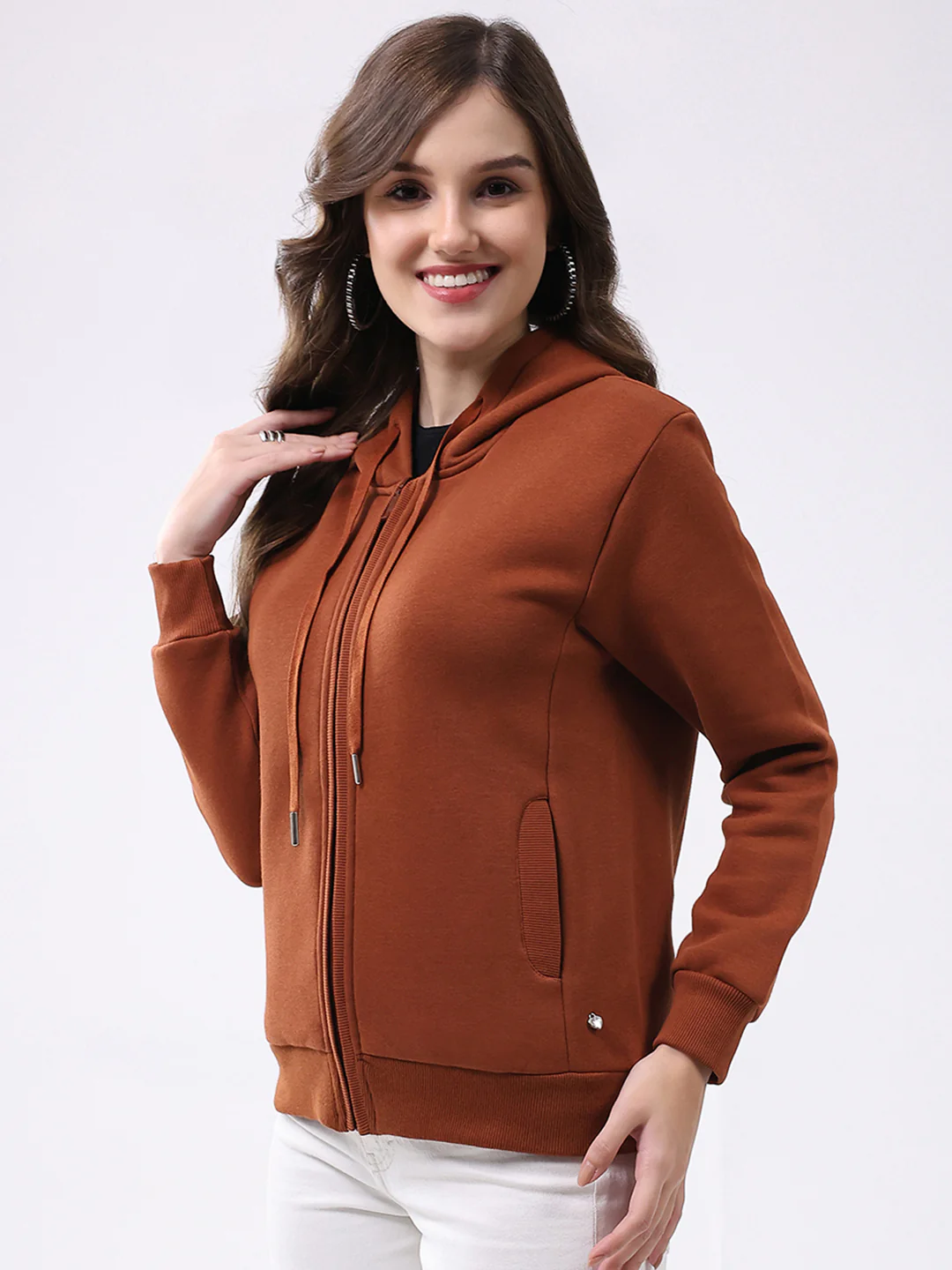 Women Rust Solid Hooded Full Sleeve Sweatshirt - Image 3