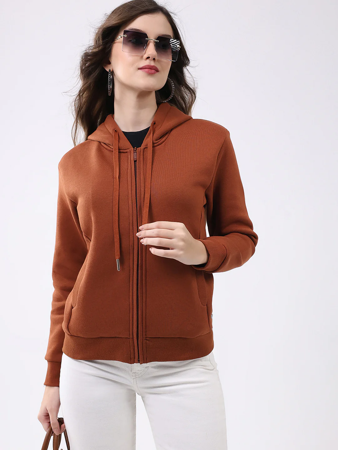 Women Rust Solid Hooded Full Sleeve Sweatshirt - Image 6