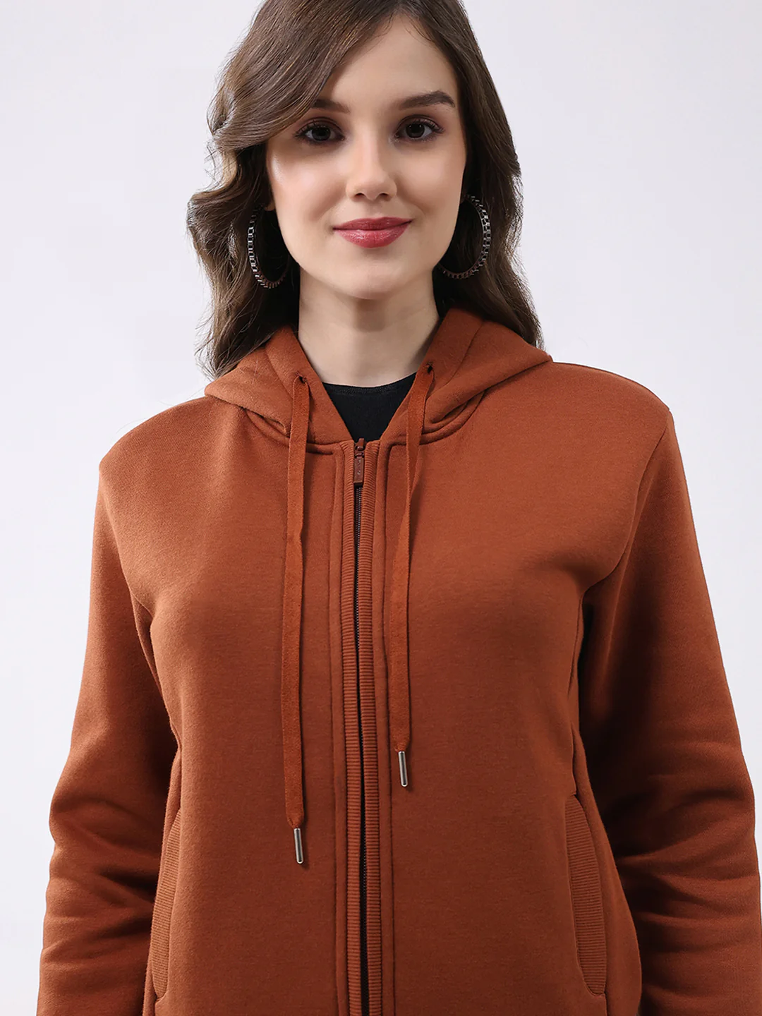 Women Rust Solid Hooded Full Sleeve Sweatshirt - Image 7