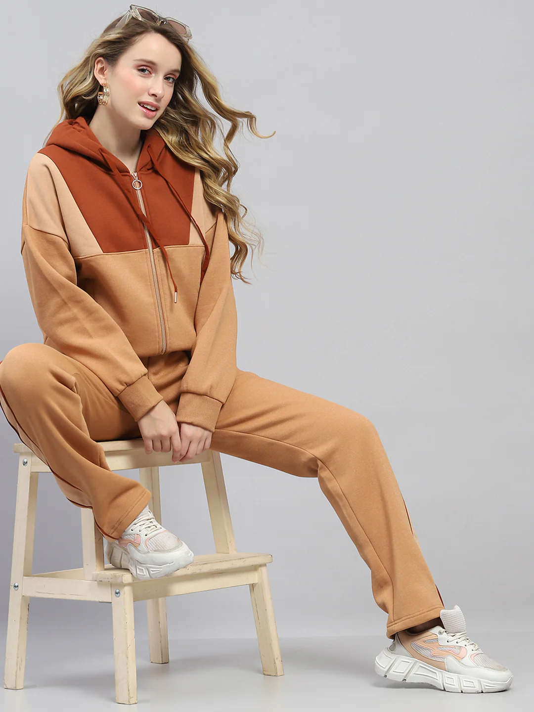 Women Rust Solid Hooded Full Sleeve Tracksuit - Image 2