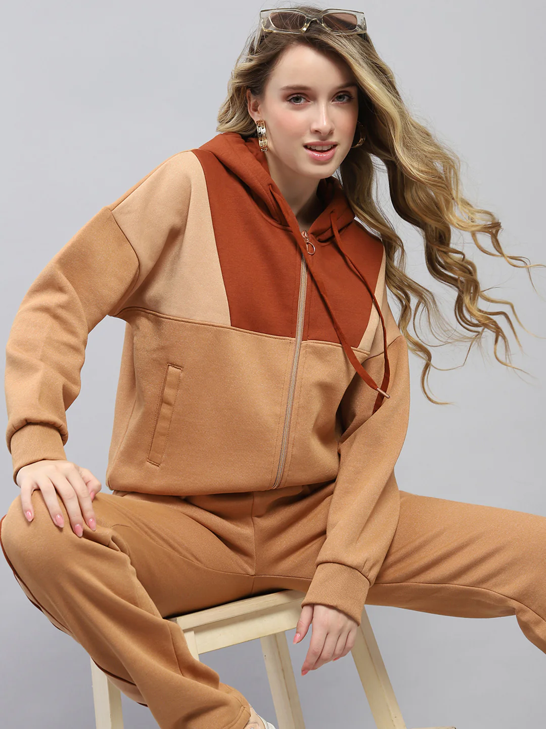 Women Rust Solid Hooded Full Sleeve Tracksuit - Image 6