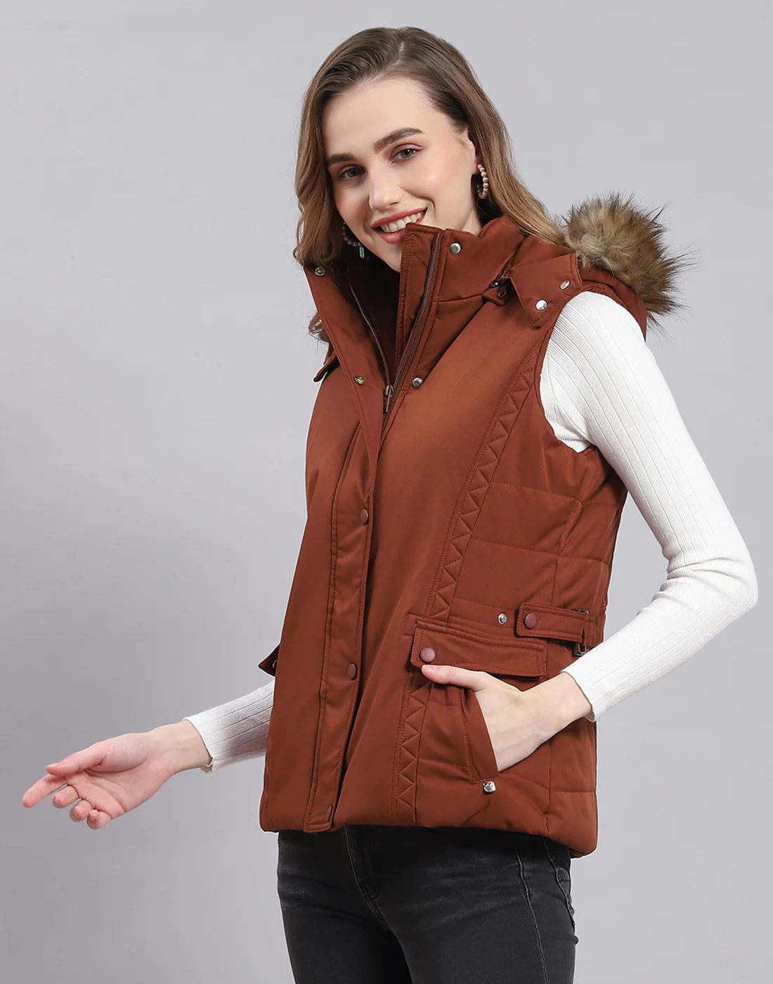 Women Rust Solid Hooded Sleeveless Jacket - Image 3
