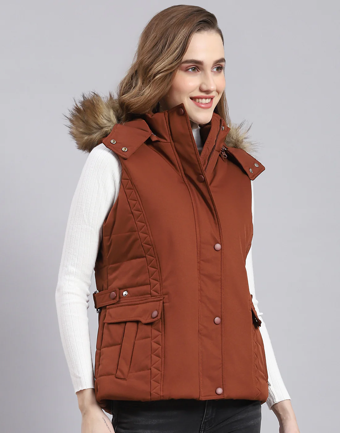 Women Rust Solid Hooded Sleeveless Jacket - Image 4