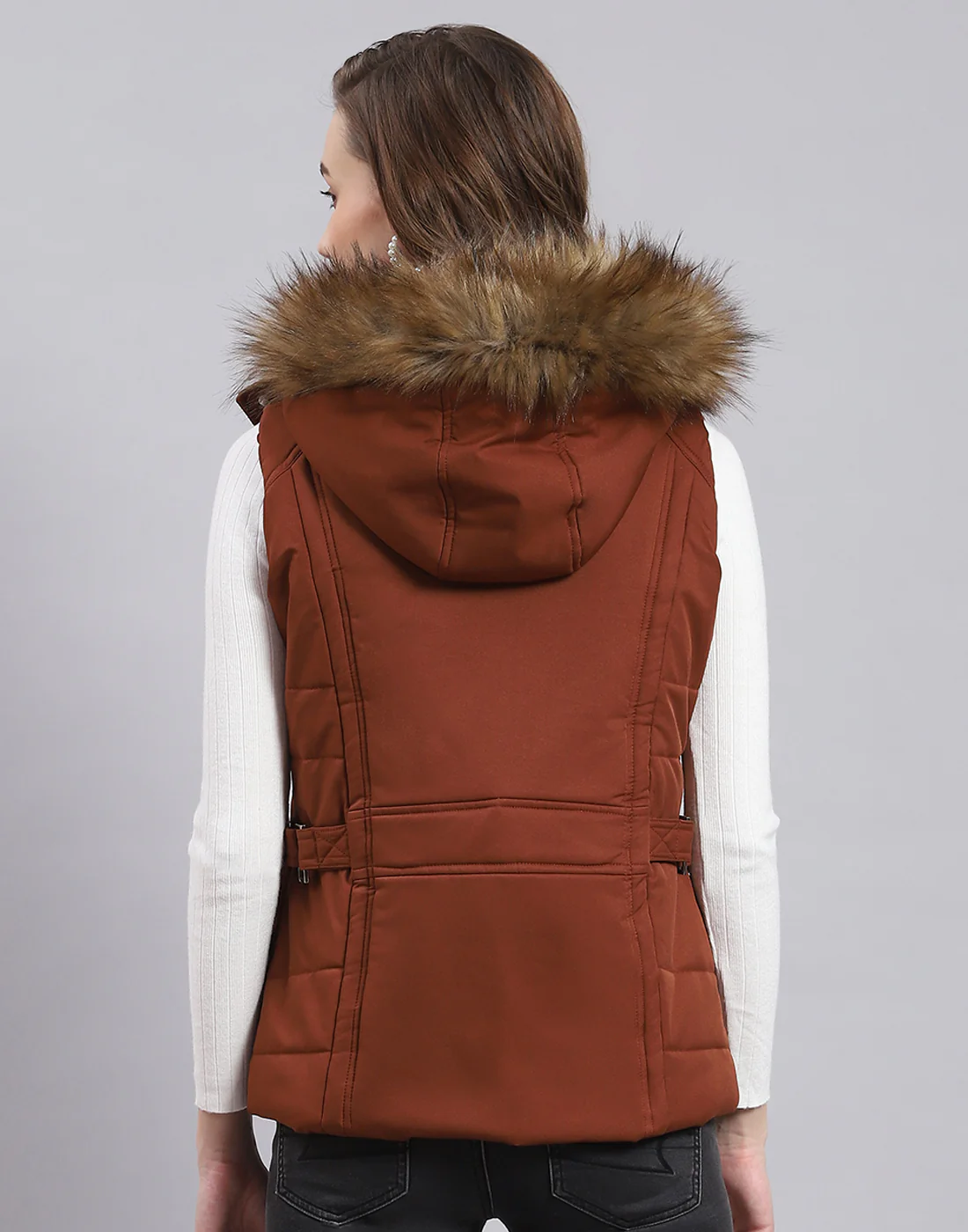 Women Rust Solid Hooded Sleeveless Jacket - Image 5
