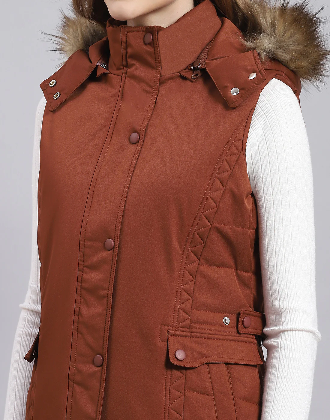 Women Rust Solid Hooded Sleeveless Jacket - Image 7