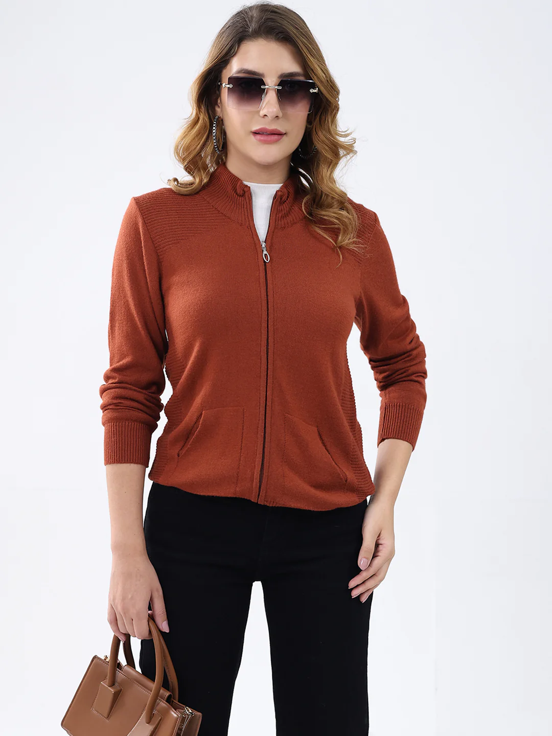 Women Rust Solid Mock Neck Full Sleeve Cardigan - Image 6