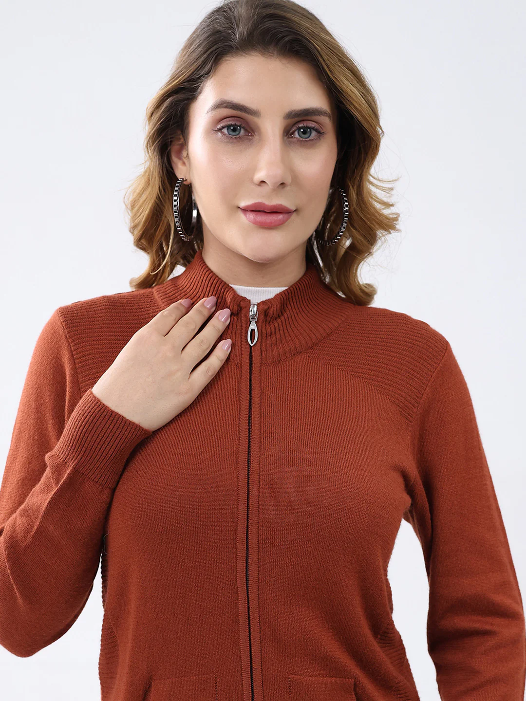 Women Rust Solid Mock Neck Full Sleeve Cardigan - Image 7