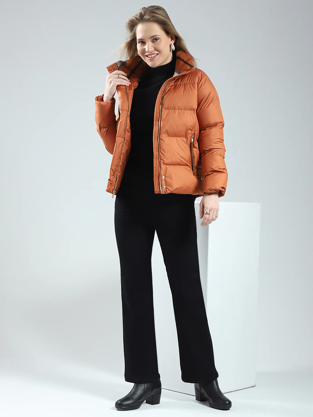 Women Rust Solid Mock Neck Full Sleeve Jacket - Image 2