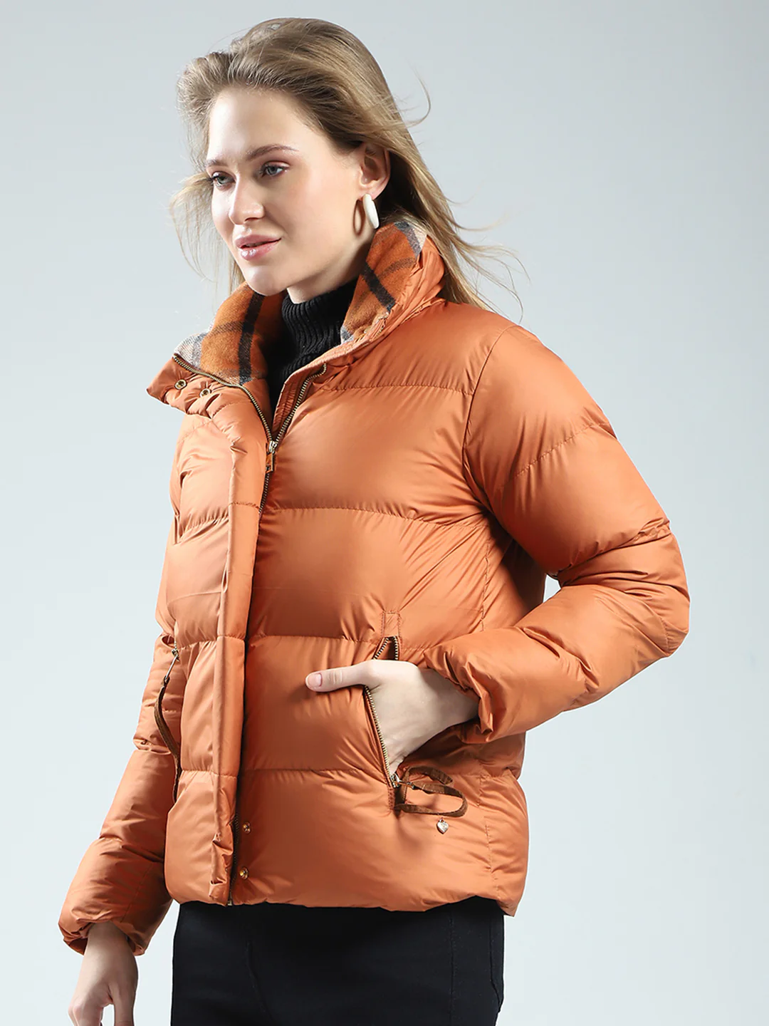 Women Rust Solid Mock Neck Full Sleeve Jacket - Image 3