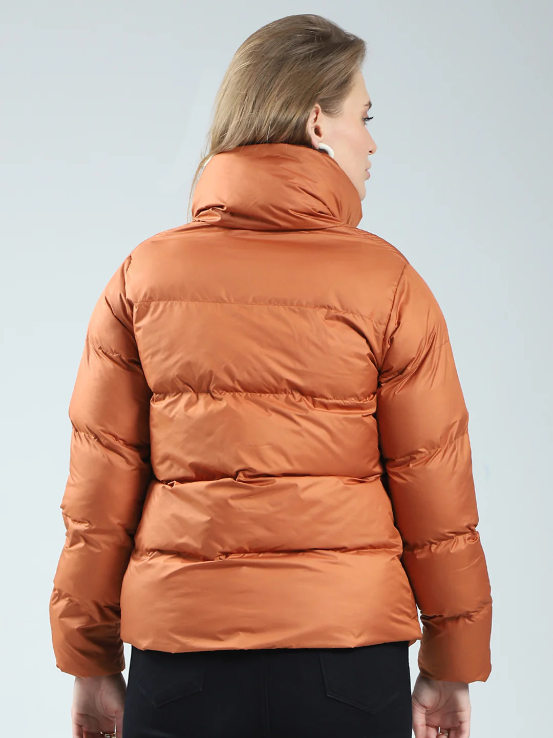 Women Rust Solid Mock Neck Full Sleeve Jacket - Image 5