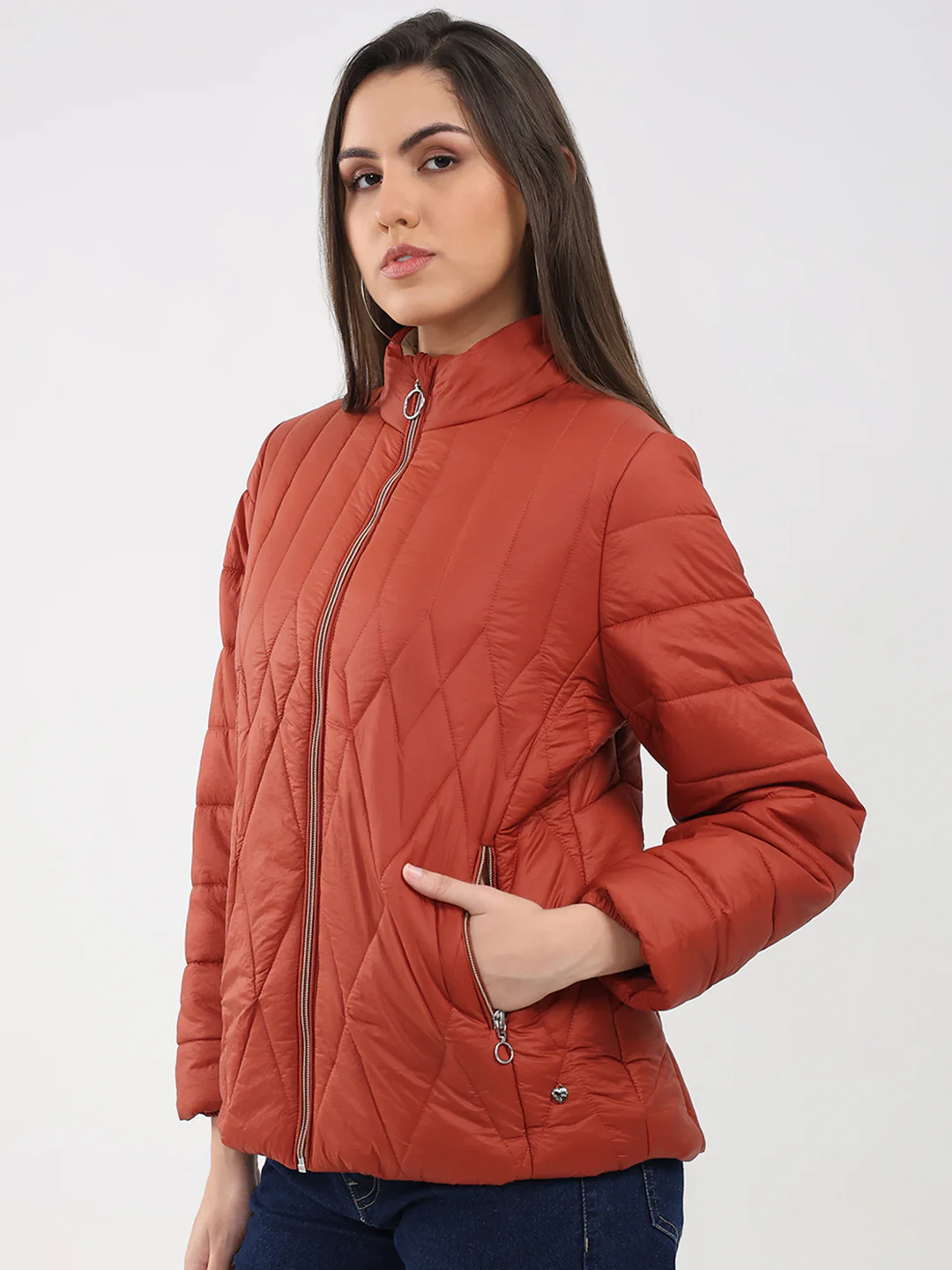 Women Rust Solid Mock Neck Full Sleeve Jacket - Image 3