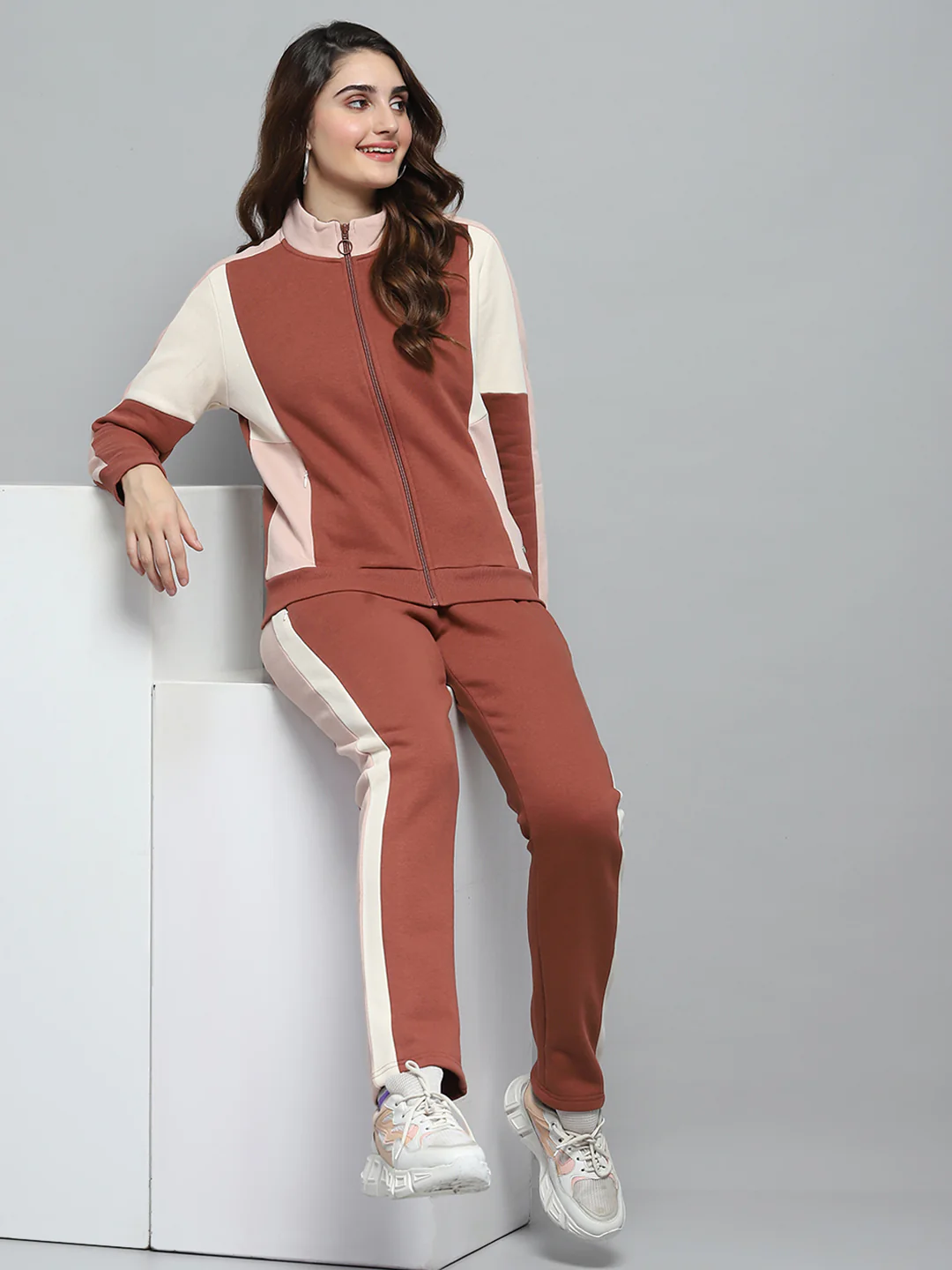 Women Rust Solid Mock Neck Full Sleeve Tracksuit - Image 2