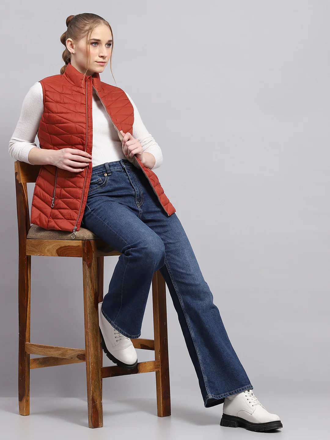 Women Rust Solid Mock Neck Sleeveless Jacket - Image 2