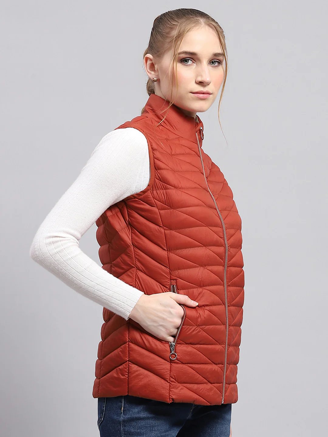 Women Rust Solid Mock Neck Sleeveless Jacket - Image 4