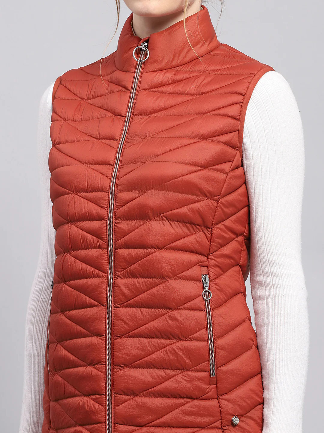 Women Rust Solid Mock Neck Sleeveless Jacket - Image 6