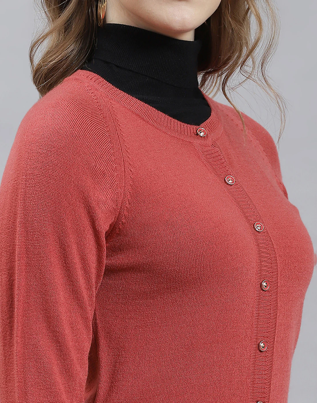 Women Rust Solid Round Neck Full Sleeve Cardigan - Image 6