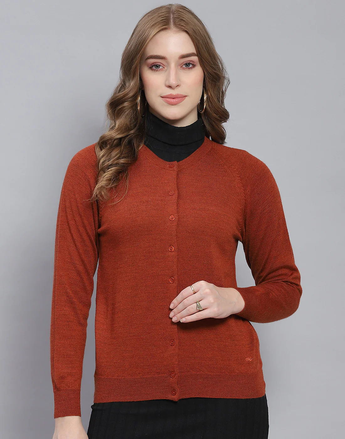 Women Rust Solid Round Neck Full Sleeve Cardigan - Image 2