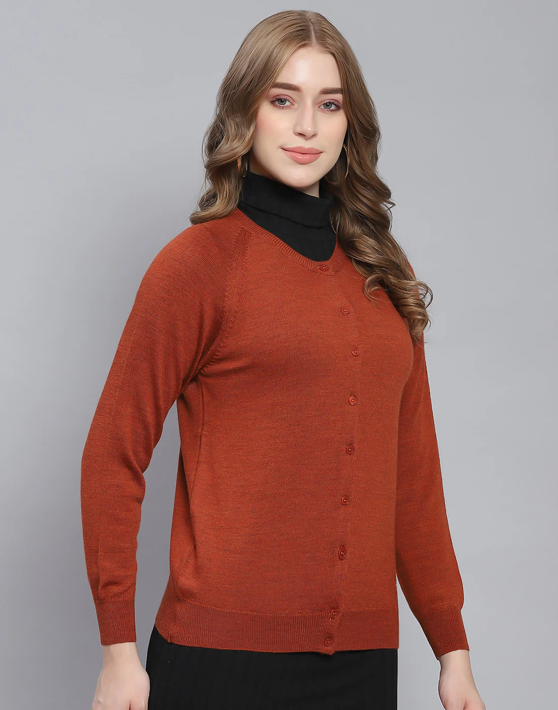 Women Rust Solid Round Neck Full Sleeve Cardigan - Image 4