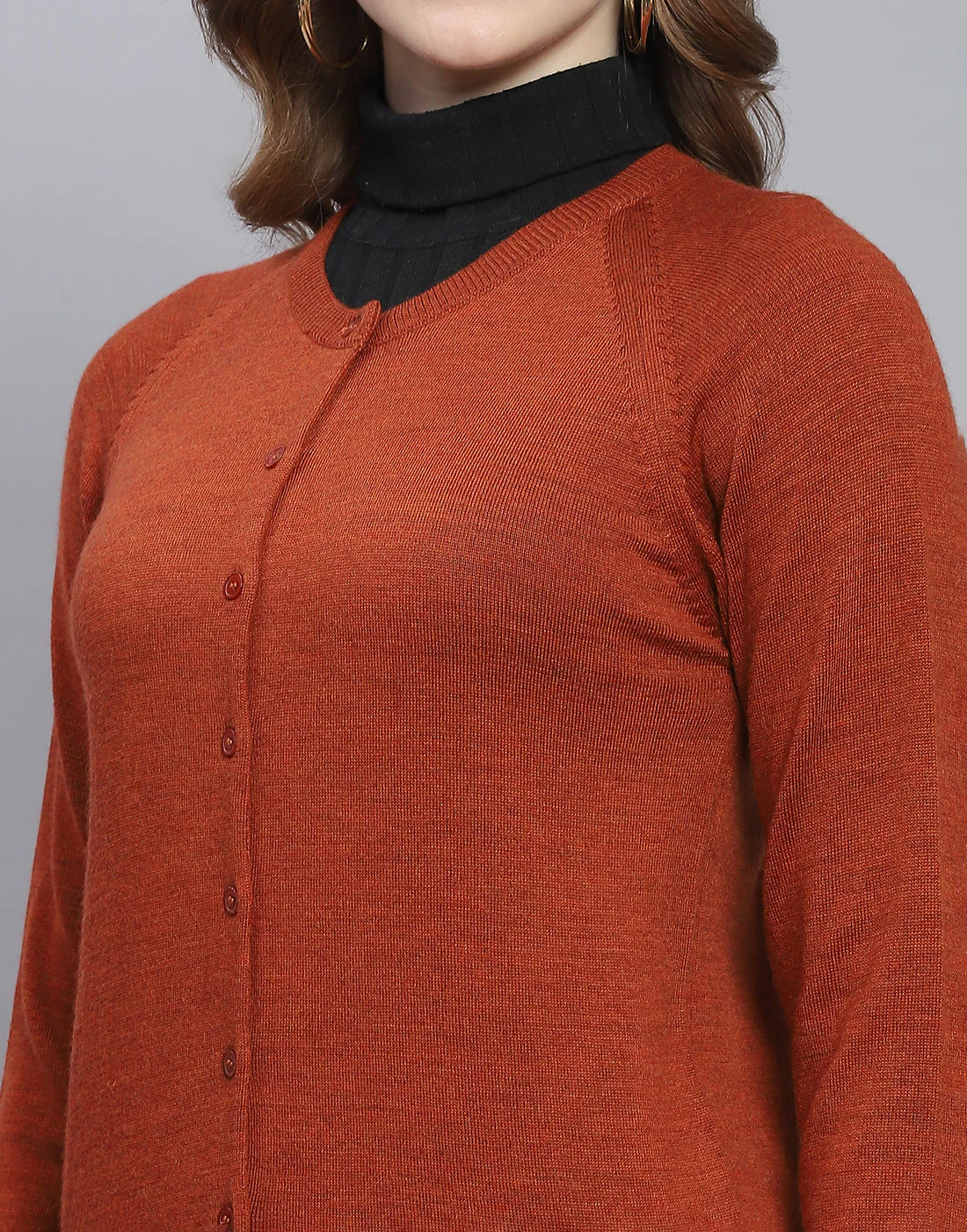 Women Rust Solid Round Neck Full Sleeve Cardigan - Image 6
