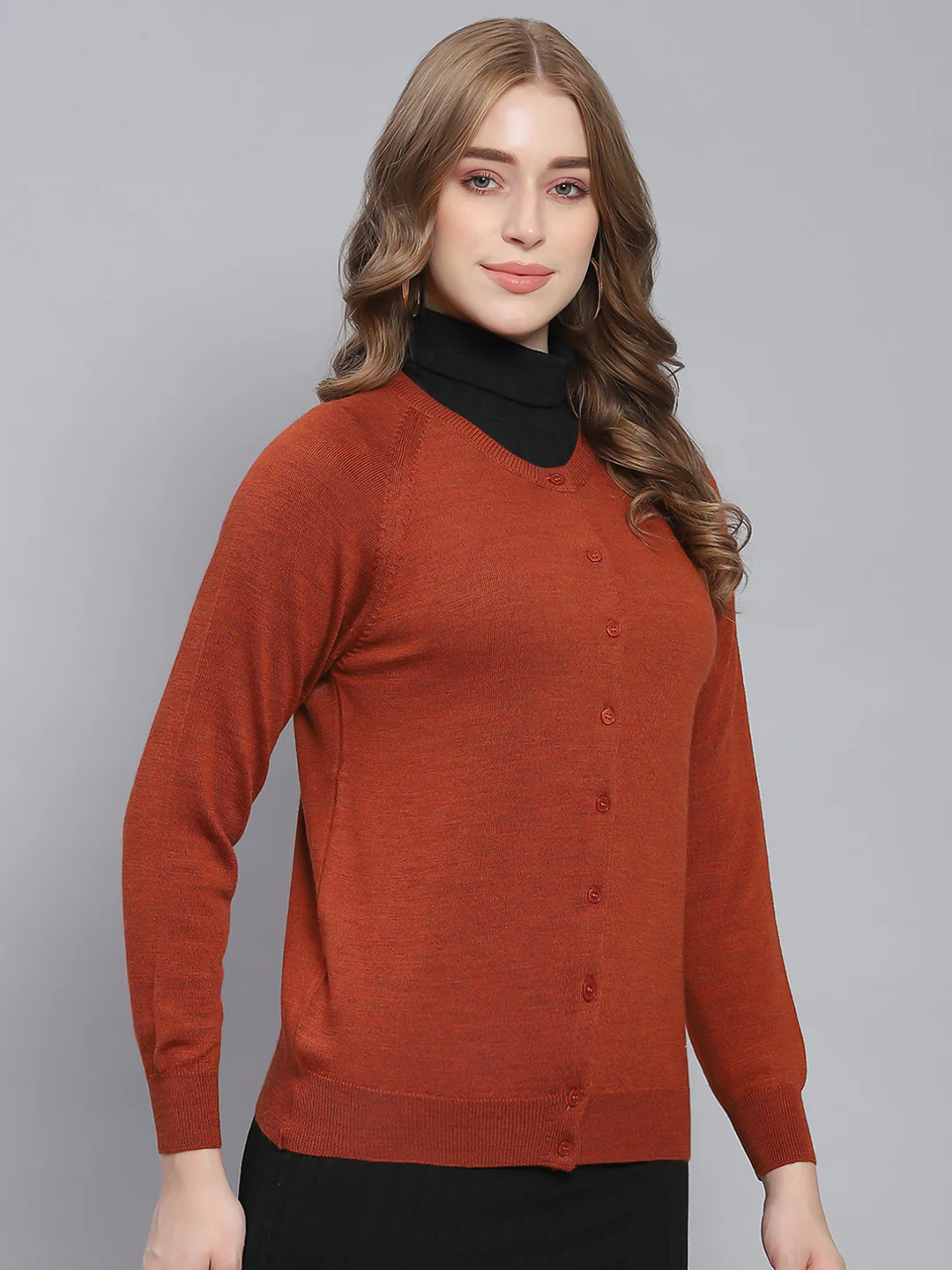 Women Rust Solid Round Neck Full Sleeve Cardigans - Image 4