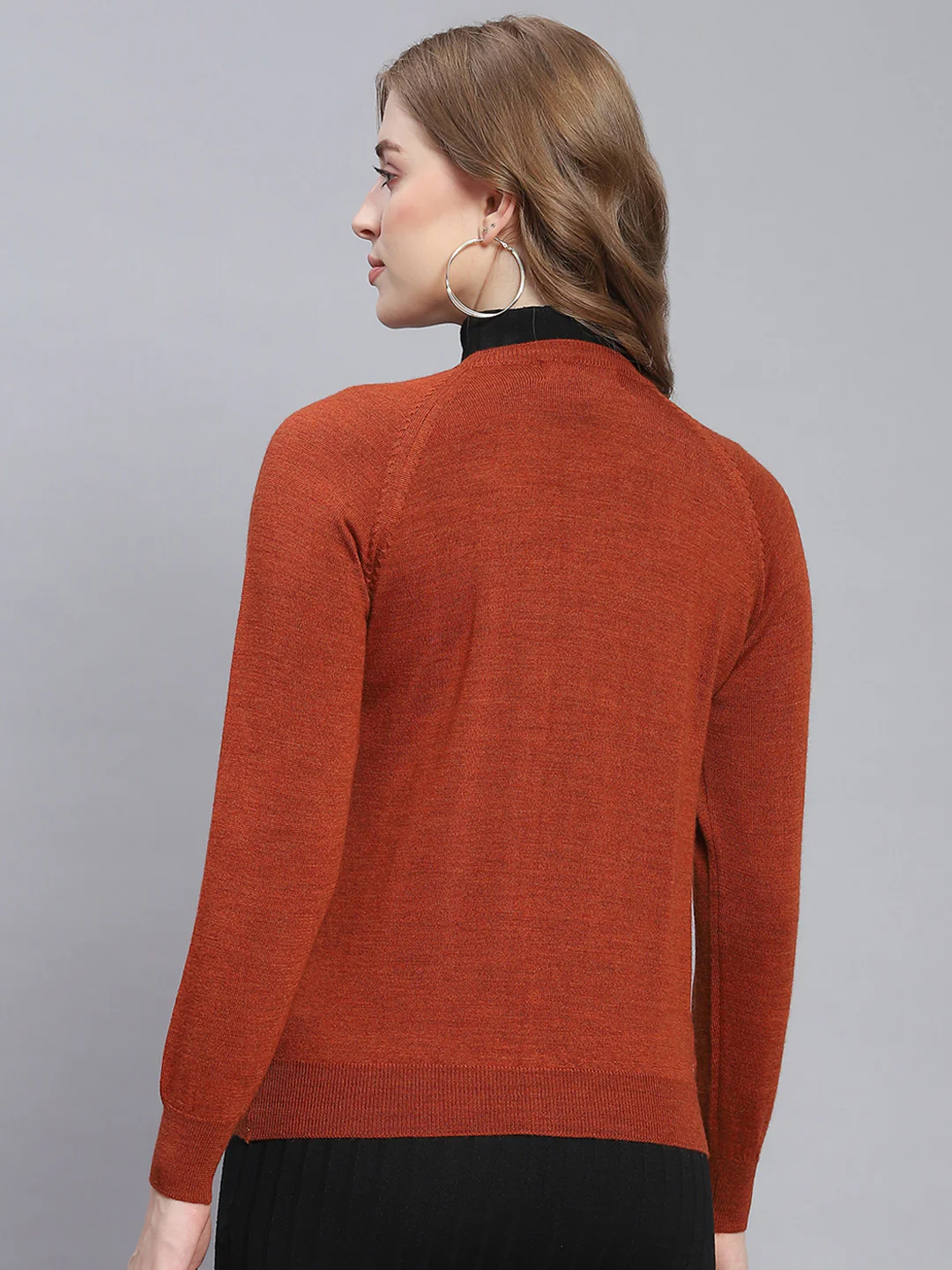 Women Rust Solid Round Neck Full Sleeve Cardigans - Image 5