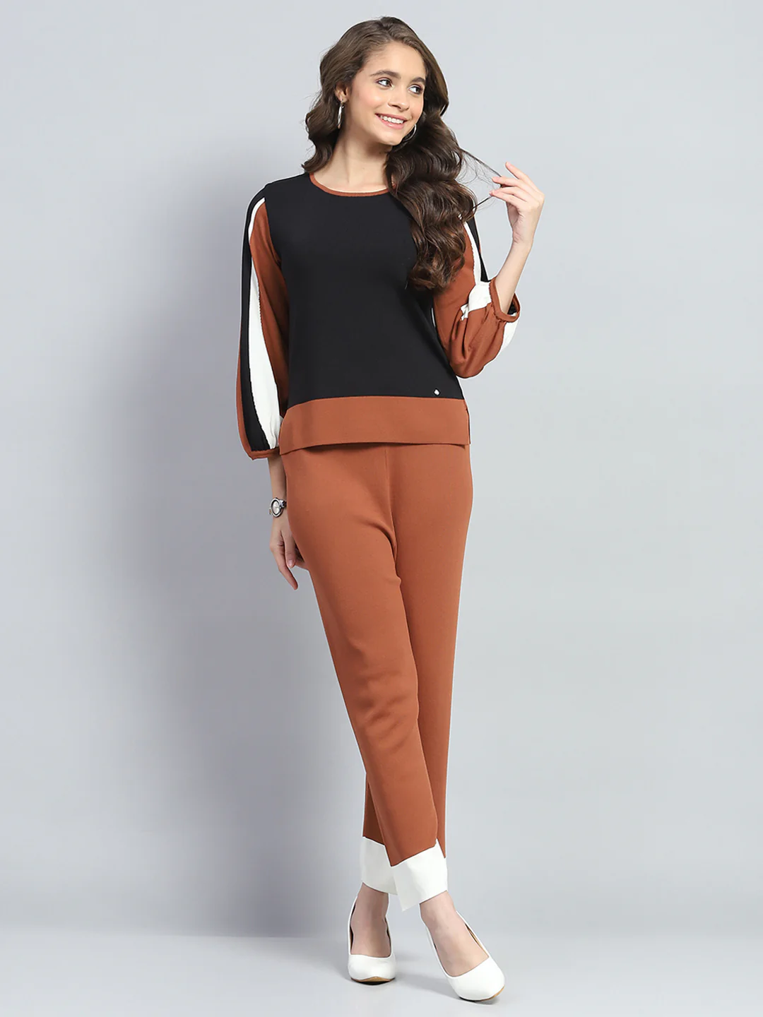 Women Rust Solid Round Neck Full Sleeve Cords Set - Image 2