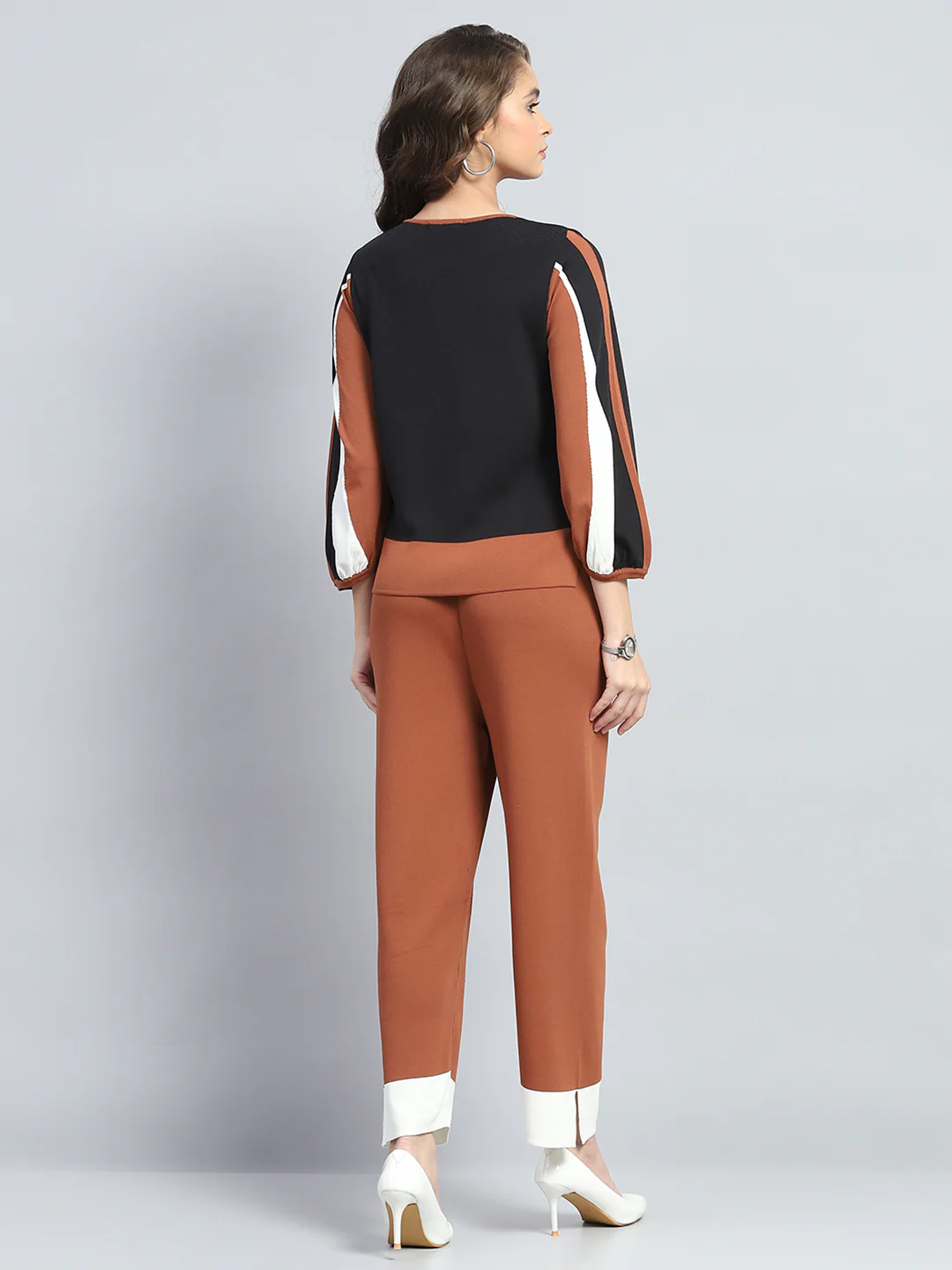 Women Rust Solid Round Neck Full Sleeve Cords Set - Image 5