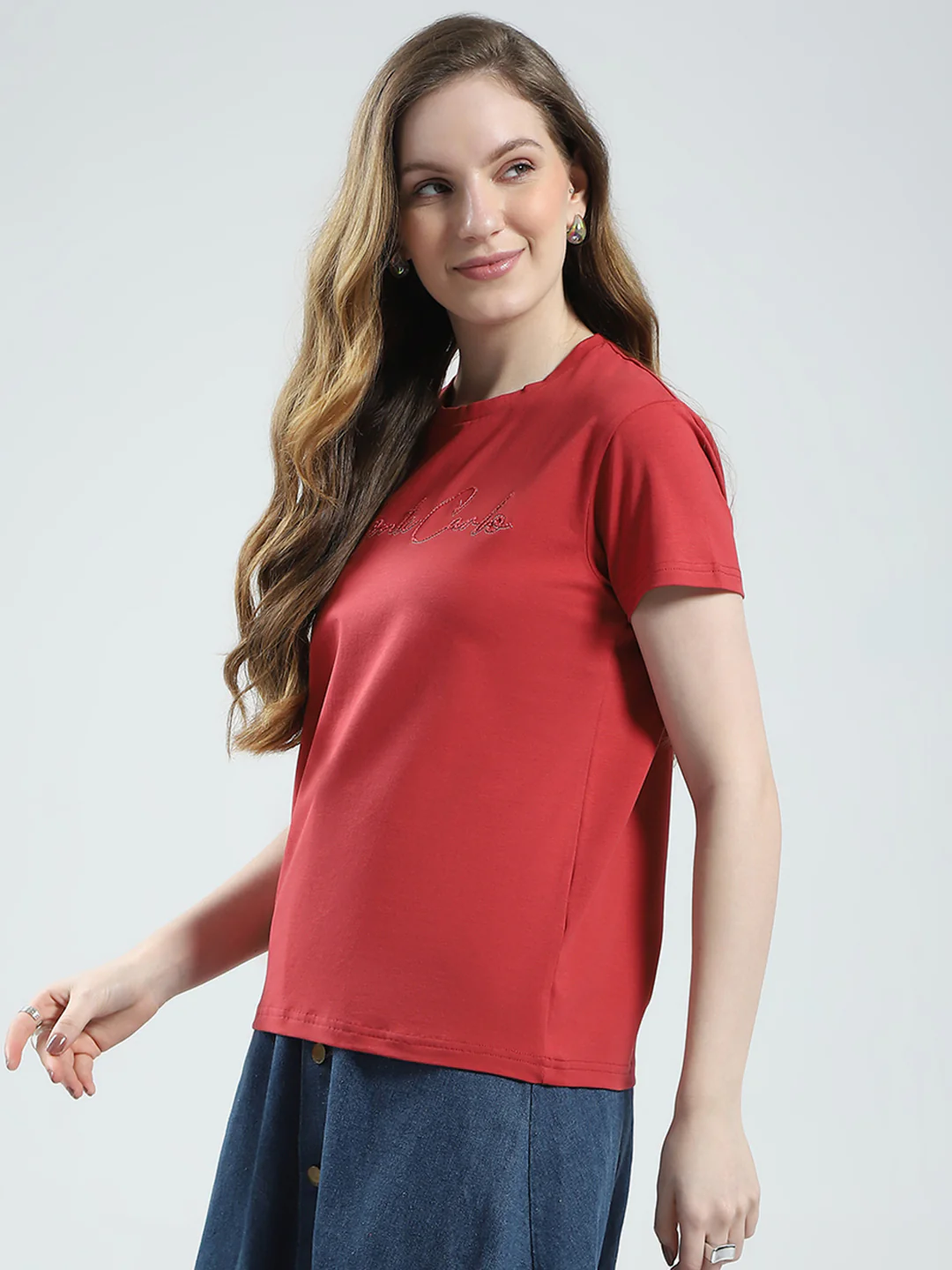 Women Rust Solid Round Neck Half Sleeve Top - Image 3