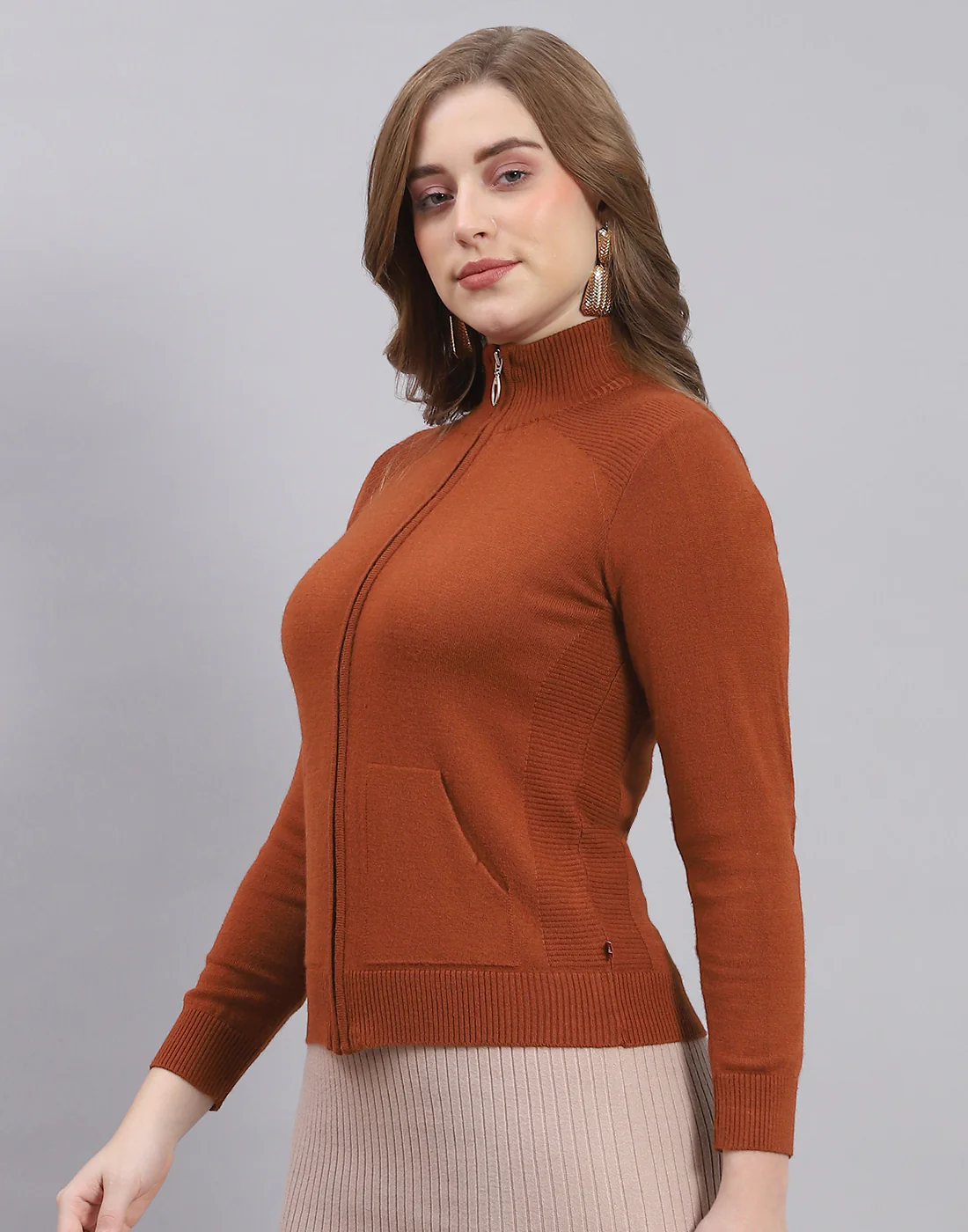 Women Rust Solid Stand Collar Full Sleeve Cardigan - Image 4