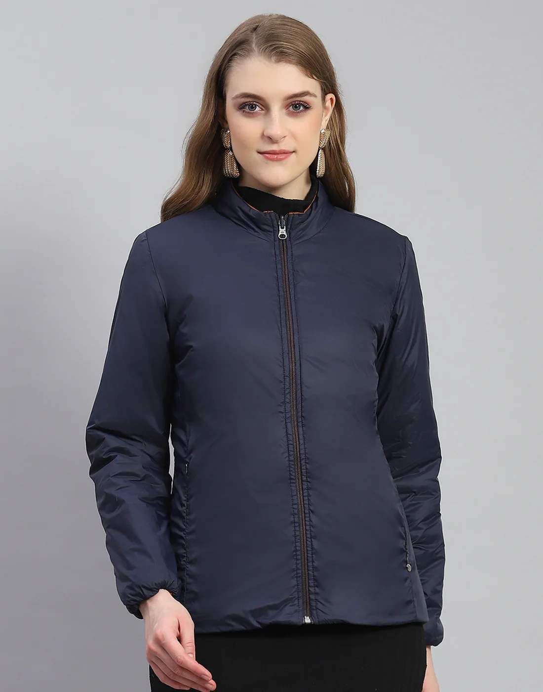 Women Rust Solid Stand Collar Full Sleeve Reversible Jacket - Image 7