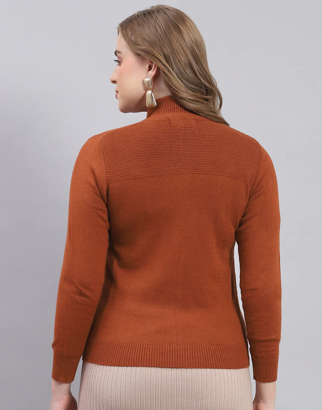 Women Rust Solid Stand Collar Full Sleeve Sweater - Image 5