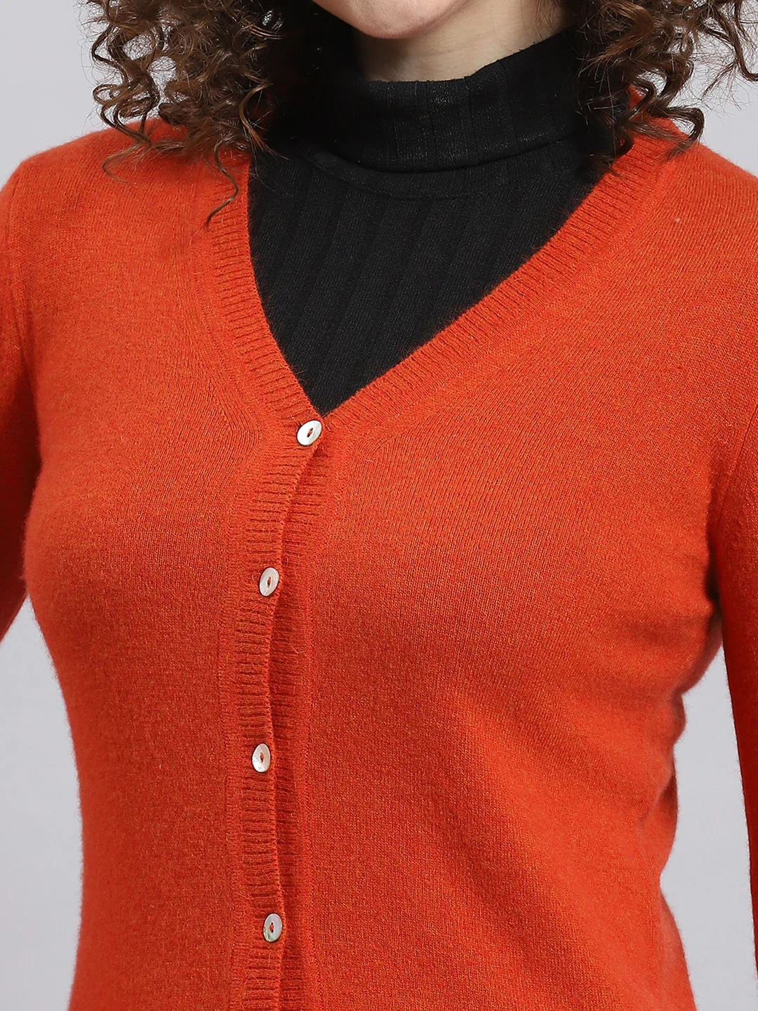 Women Rust Solid V Neck Full Sleeve Cardigan - Image 7