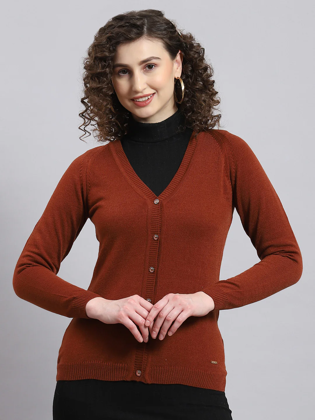 Women Rust Solid V Neck Full Sleeve Cardigan - Image 2