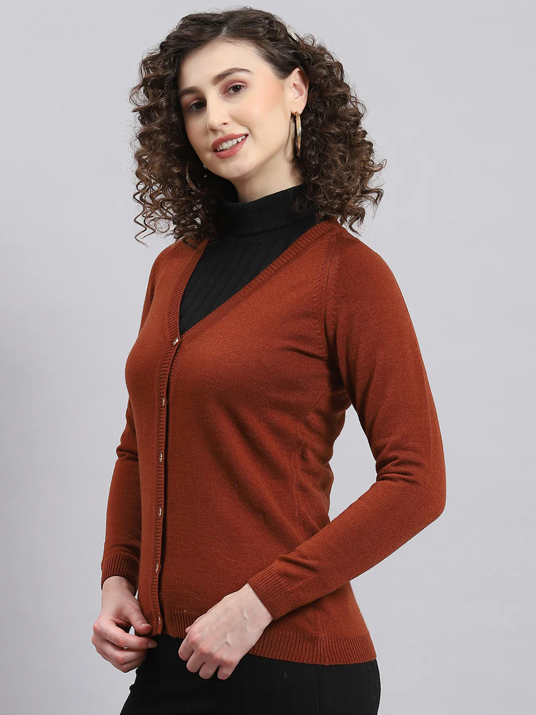 Women Rust Solid V Neck Full Sleeve Cardigan - Image 3