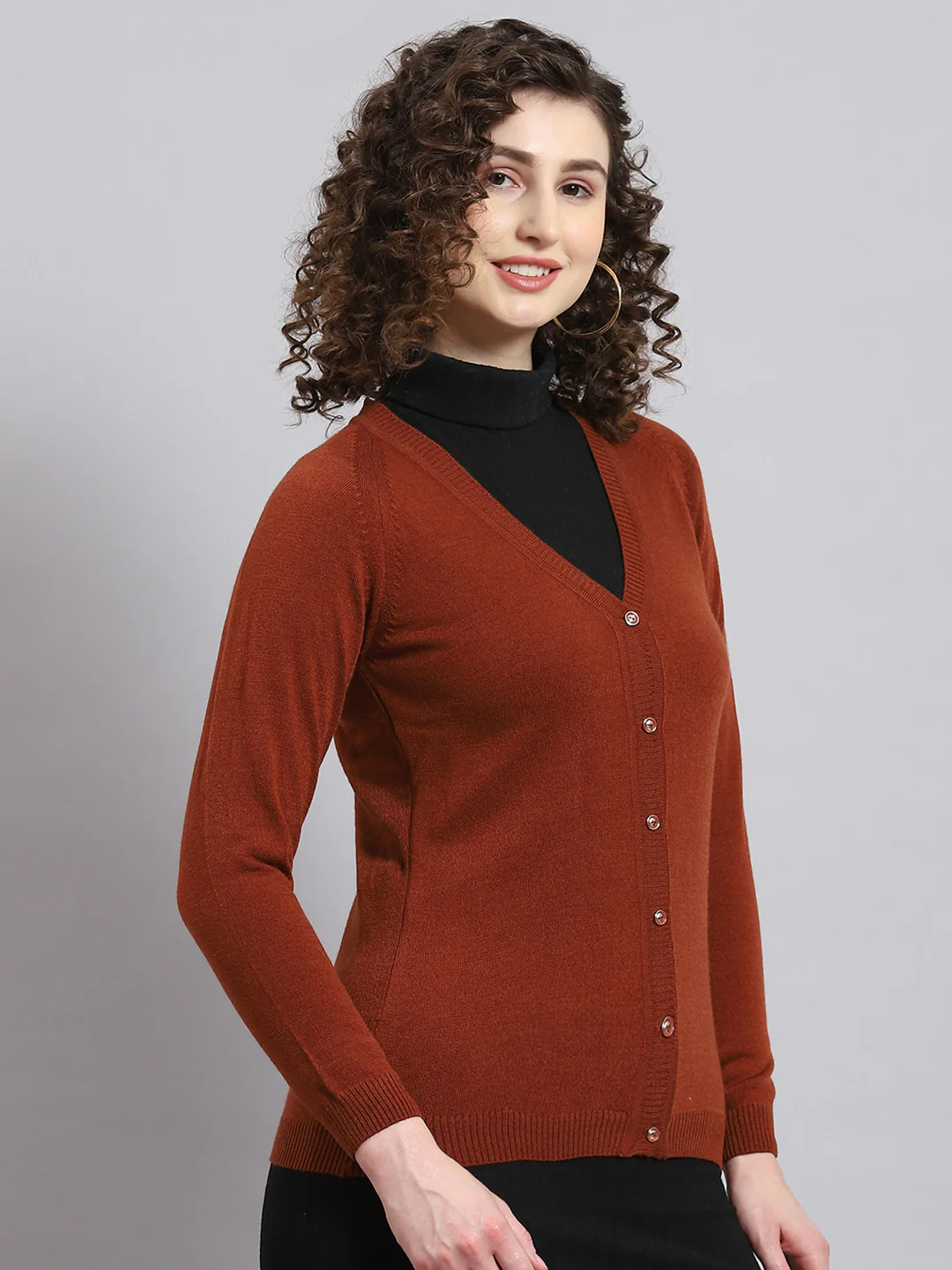 Women Rust Solid V Neck Full Sleeve Cardigan - Image 6
