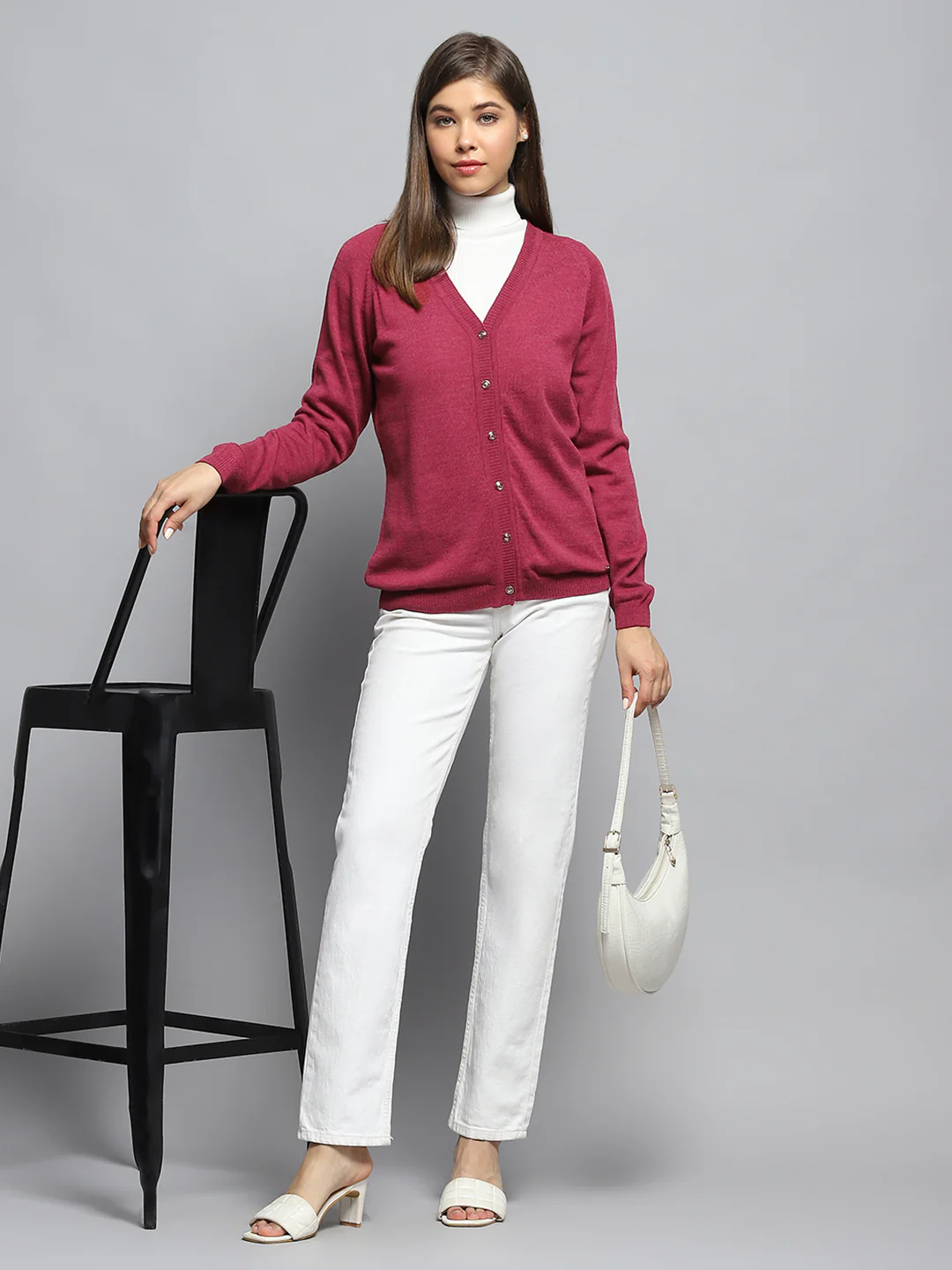 Women Rust Solid V Neck Full Sleeve Cardigan - Image 2