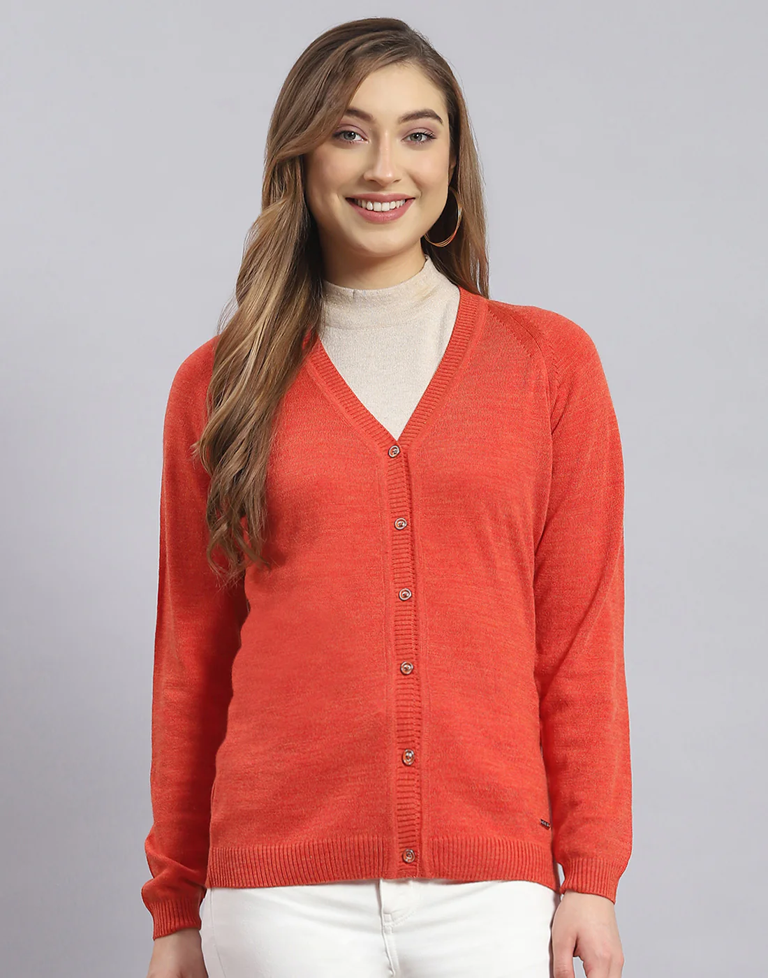 Women Rust Solid V Neck Full Sleeve Cardigan - Image 2