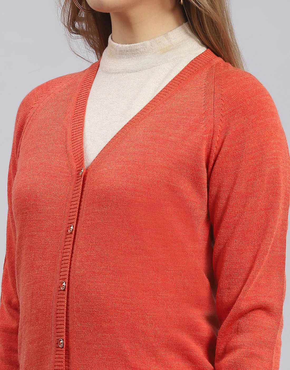 Women Rust Solid V Neck Full Sleeve Cardigan - Image 6