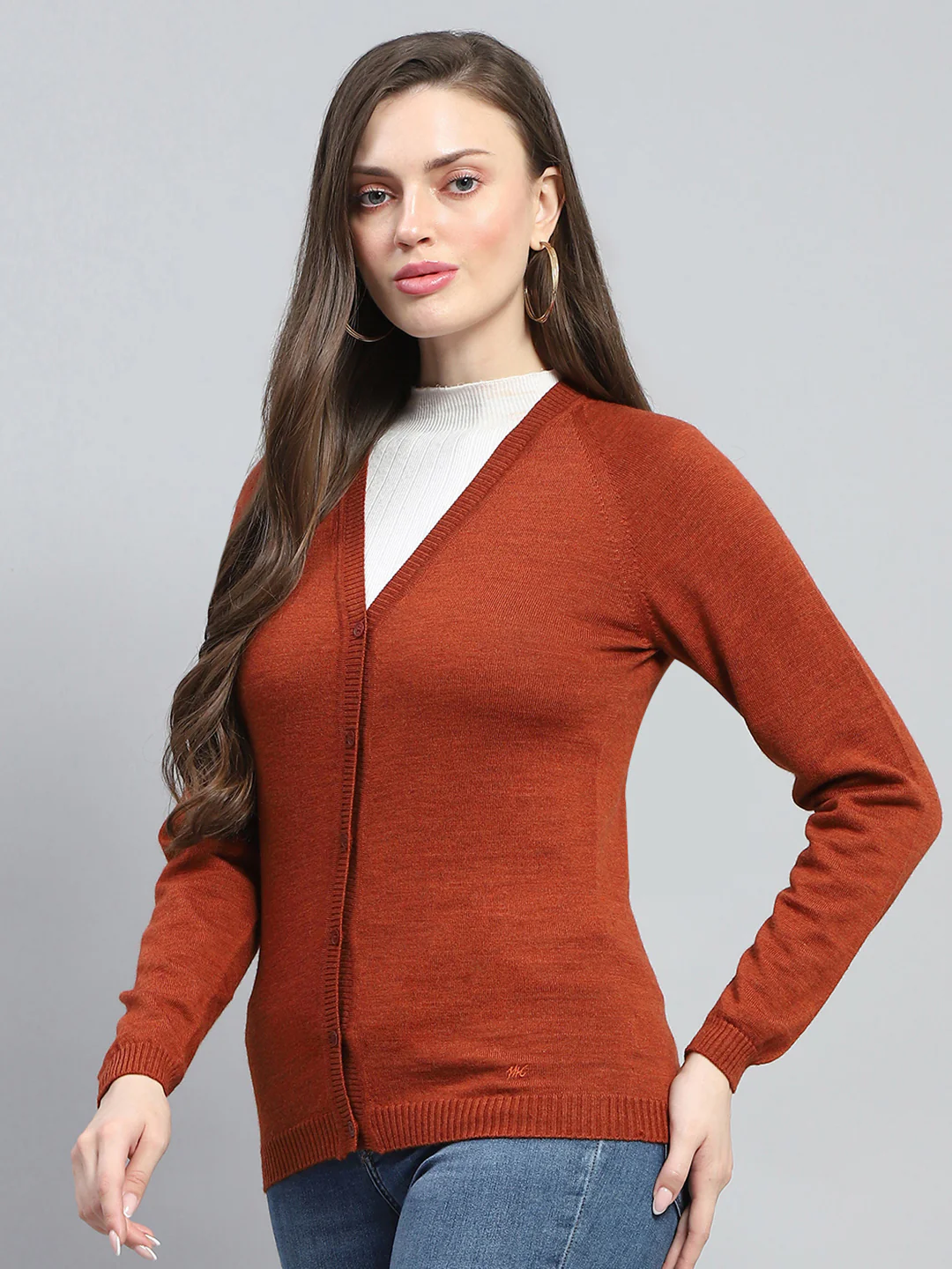 Women Rust Solid V Neck Full Sleeve Cardigan - Image 3