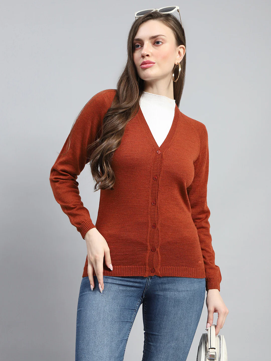 Women Rust Solid V Neck Full Sleeve Cardigan - Image 6