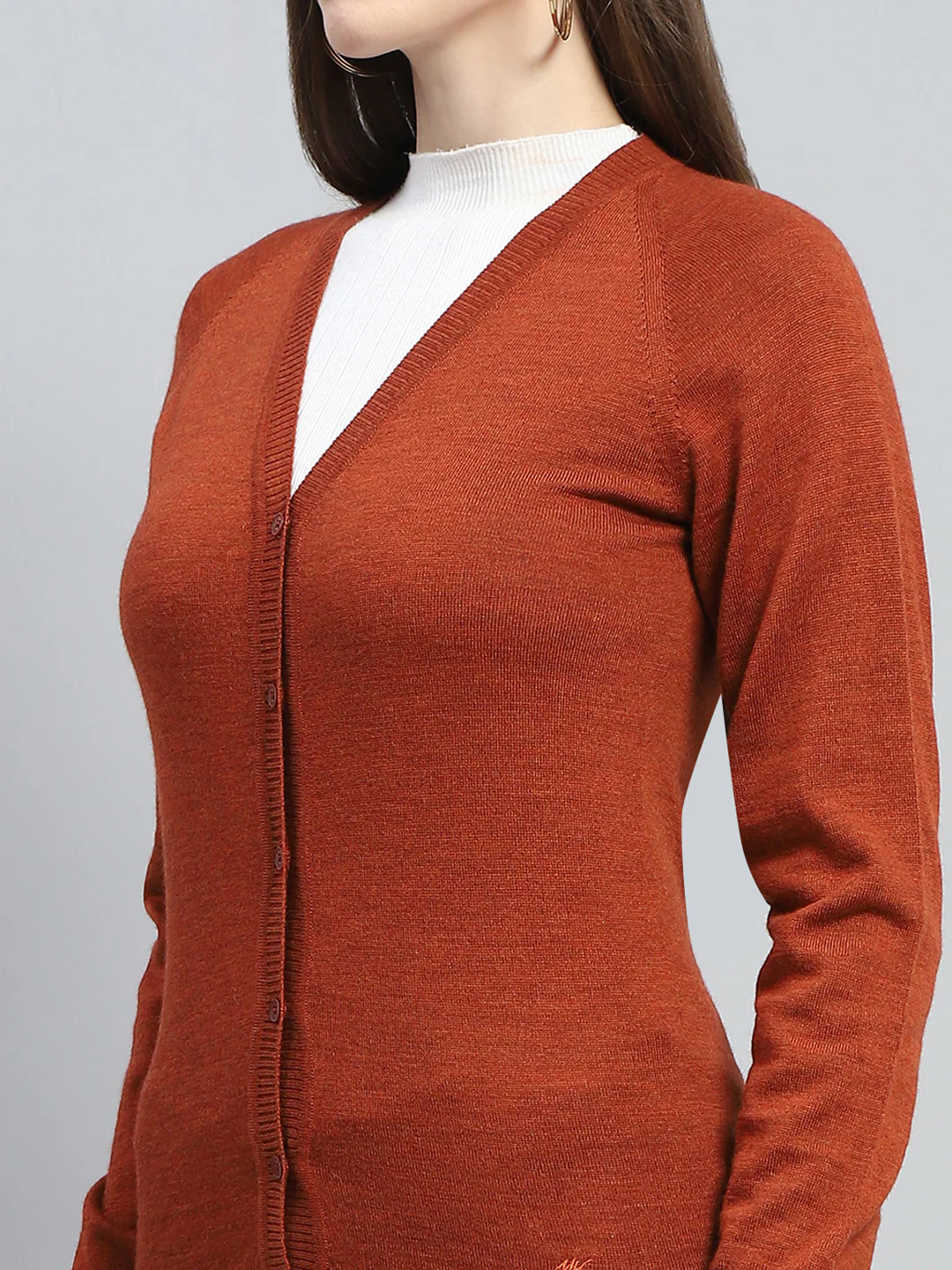 Women Rust Solid V Neck Full Sleeve Cardigan - Image 7