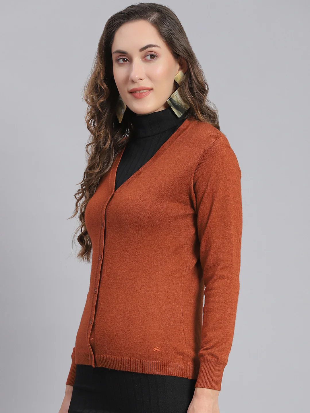 Women Rust Solid V Neck Full Sleeve Cardigan - Image 3