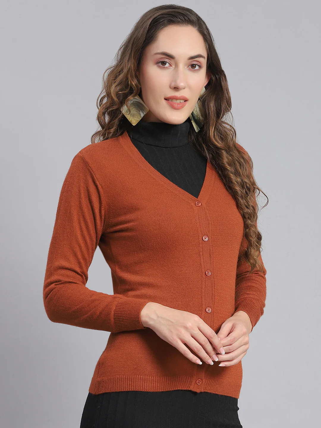 Women Rust Solid V Neck Full Sleeve Cardigan - Image 4