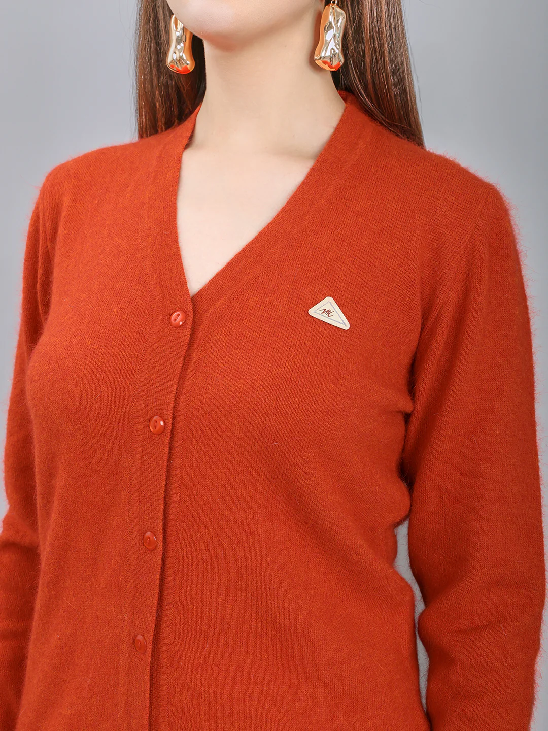 Women Rust Solid V Neck Full Sleeve Cardigan - Image 4